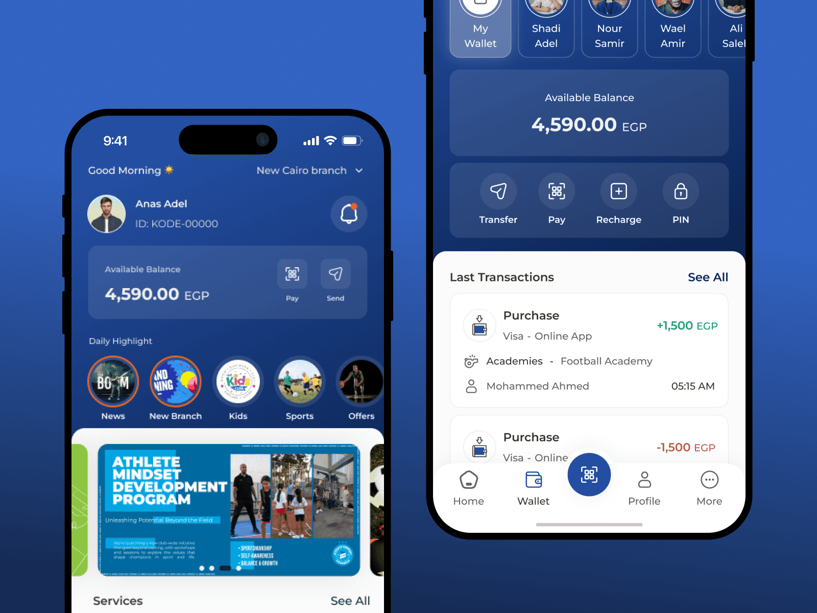 KODE Club app home screen and wallet screen on two phones