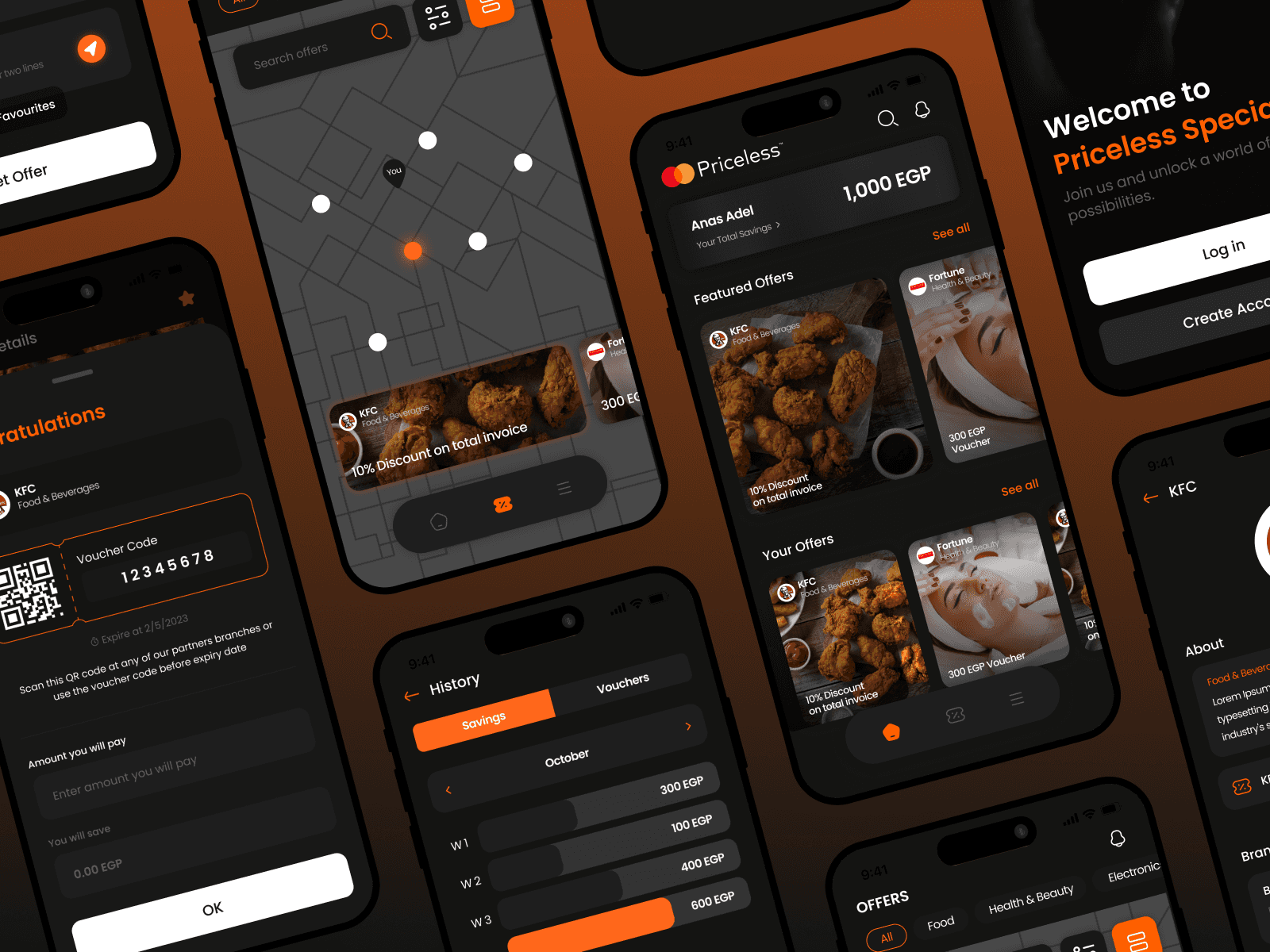 Collage of Mastercard Priceless app screens: offers, map, voucher and savings history